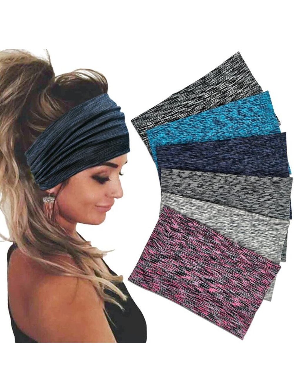 Women Space Dyed Base Stretch 6 Pack Headband Turban Yoga Hairband Accessories